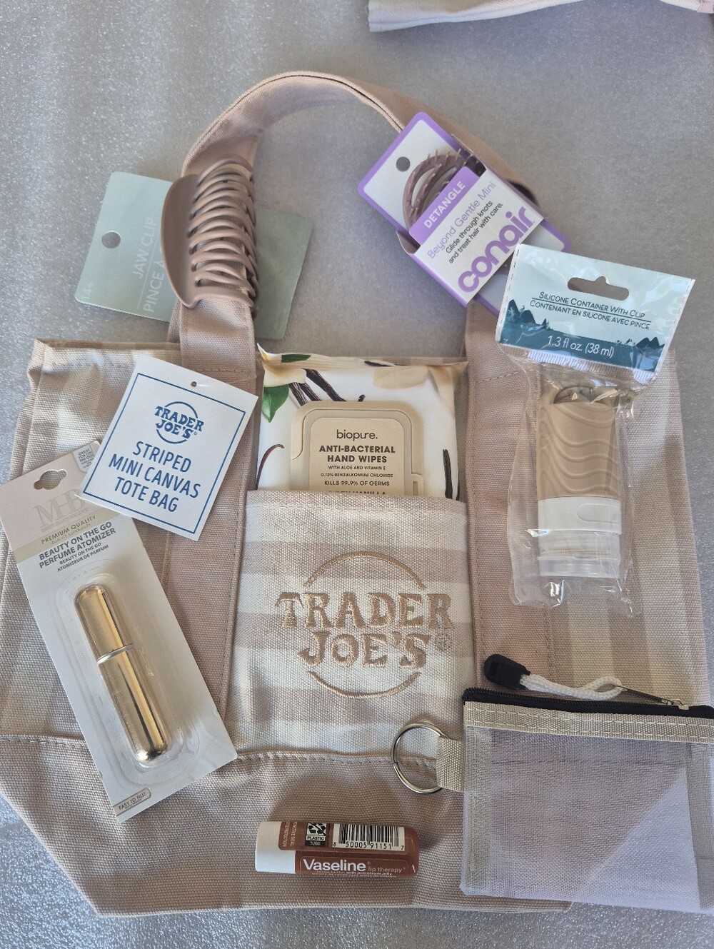 🤎Trader Joe's Tan Striped Mini Canvas Tote- Gift Set🤎